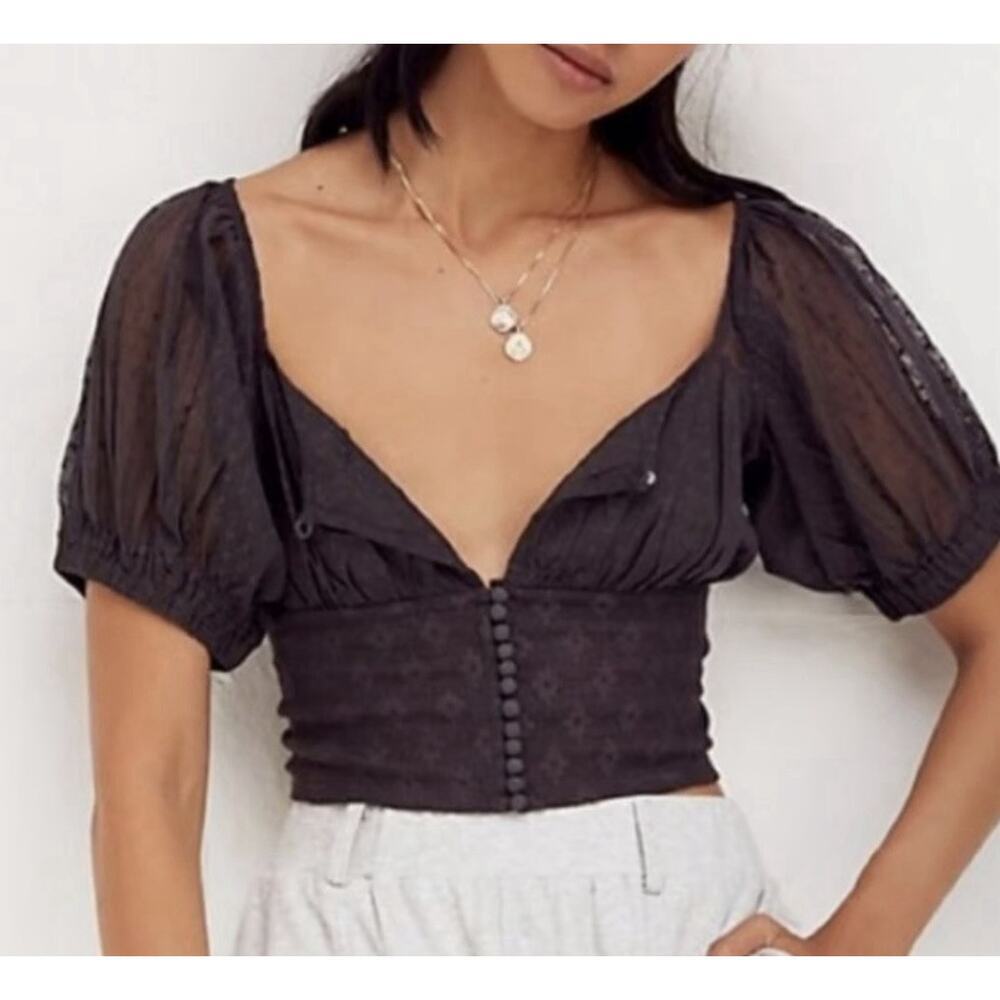 Free People NWT $78 Brown Lace Sheer Crop Heartstrings Top Size S